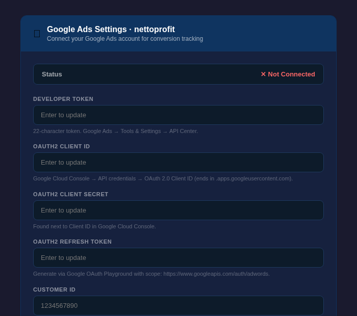 NettoProfit Google Ads settings panel