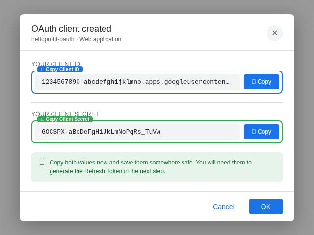 OAuth credentials dialog