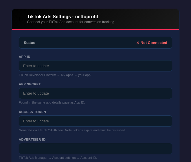 NettoProfit TikTok Ads settings panel