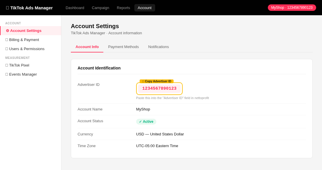 TikTok Ads Manager Account Settings